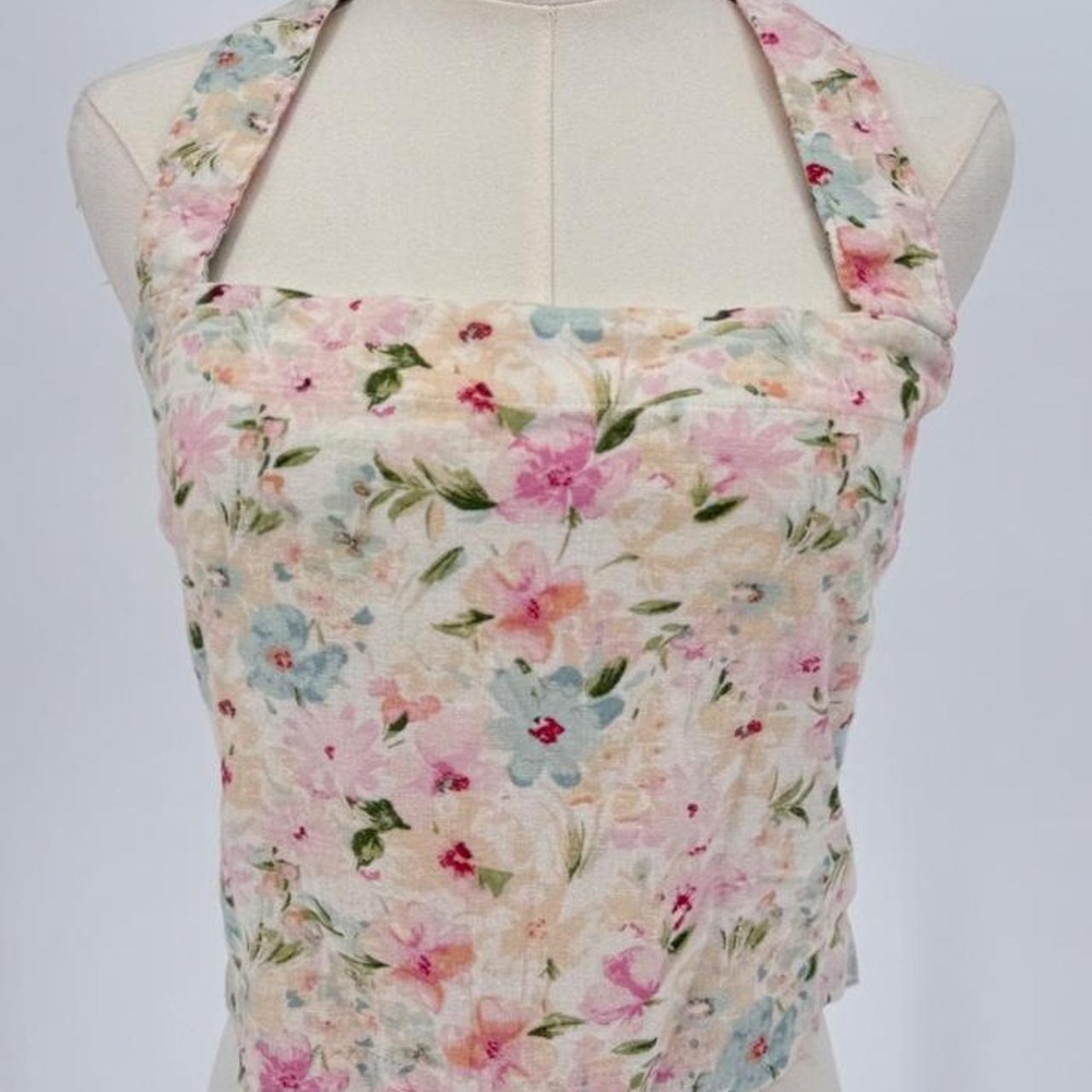 Abercrombie & Fitch Floral Halter Crop Top Pink Blue Green Smocked Back Medium